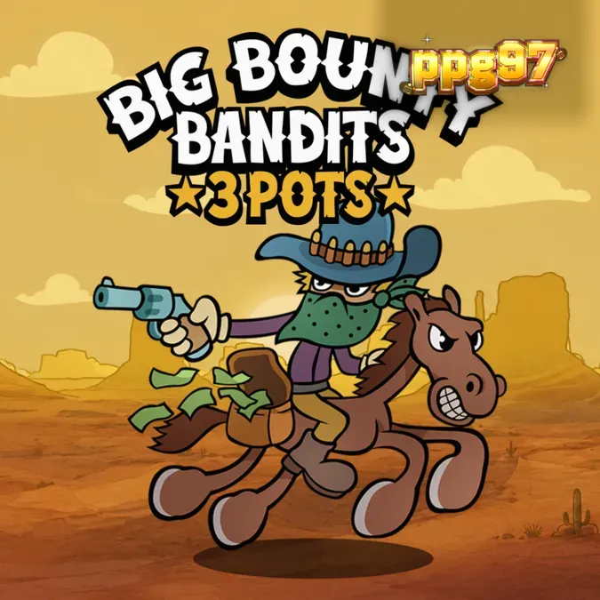 Isang masiglang eksena mula sa Big Bounty Bandits 3 Pots slot na nagpapakita ng mga cartoon bandit at coin symbols.